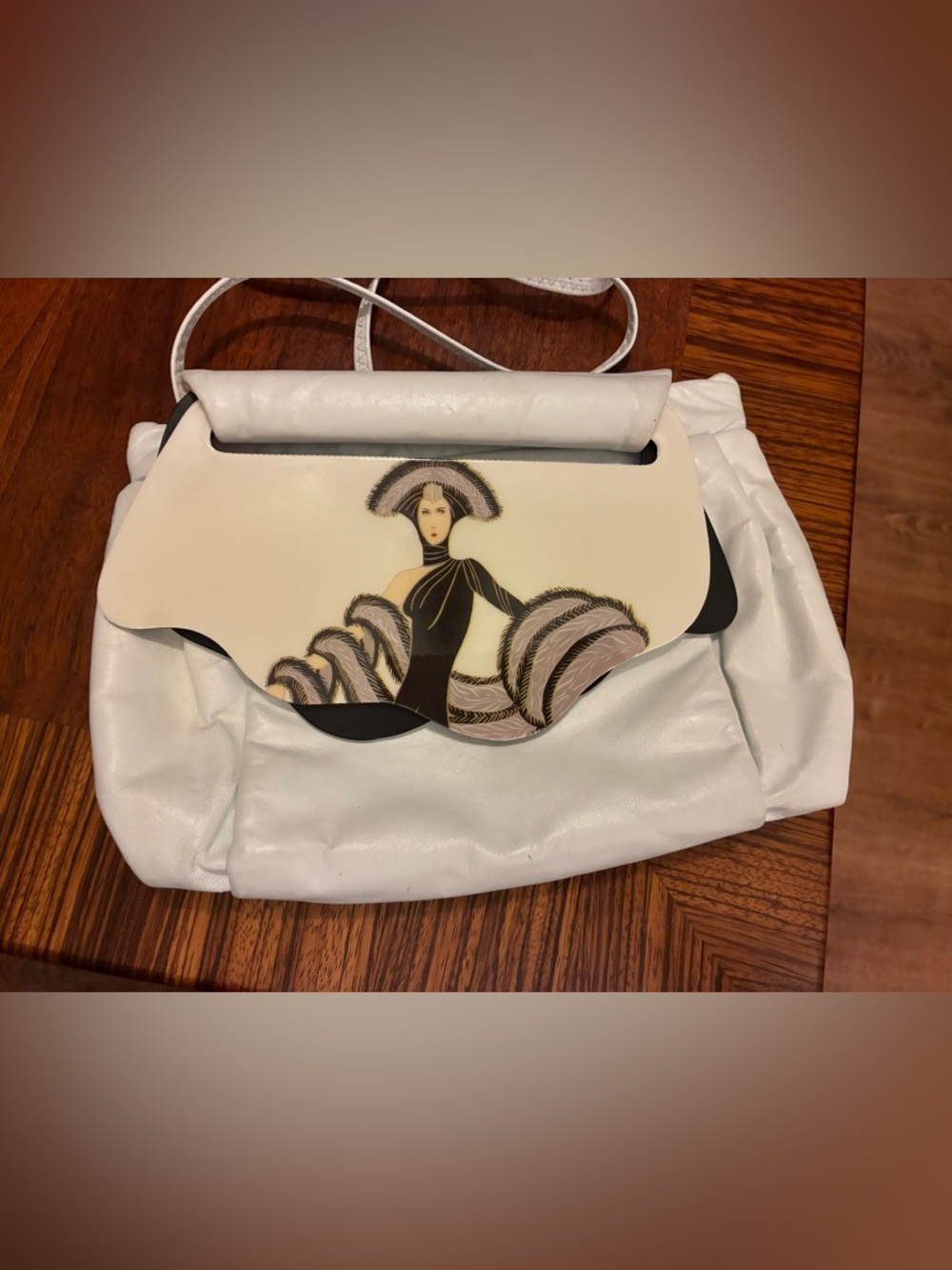 NWOT Patricia Smith Vintage White Leather Moon Bag with Illustrated Flap - Picture 2 of 6